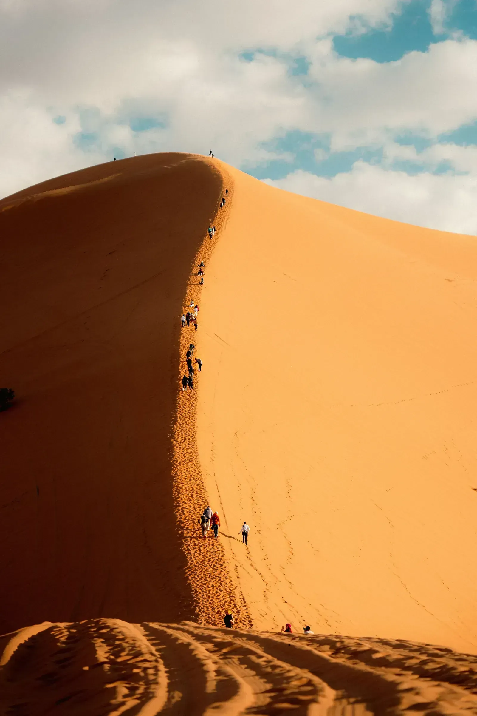 Climbers strung along a sunlit dune ridge under a wide sky